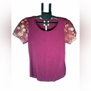 Willow Burgundy Top with Floral Embroidered Sleeves